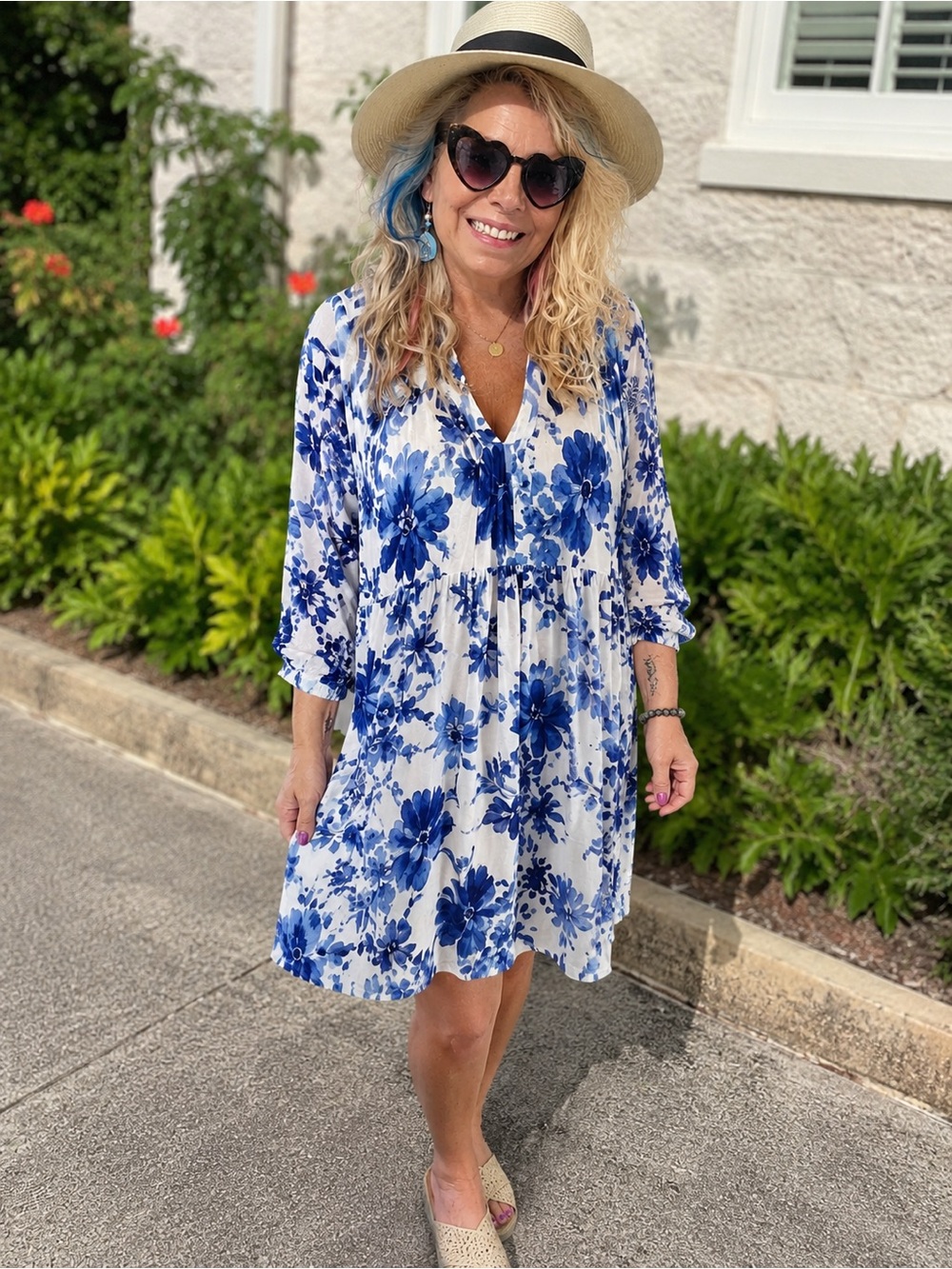 H&M Blue White Floral Viscose V-Neck Long Sleeve Dress Size L